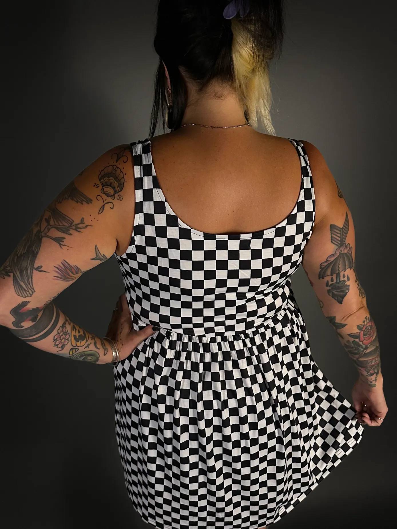 Tommyrot Checkered Sleeveless Stretch Skater Dress with Pockets