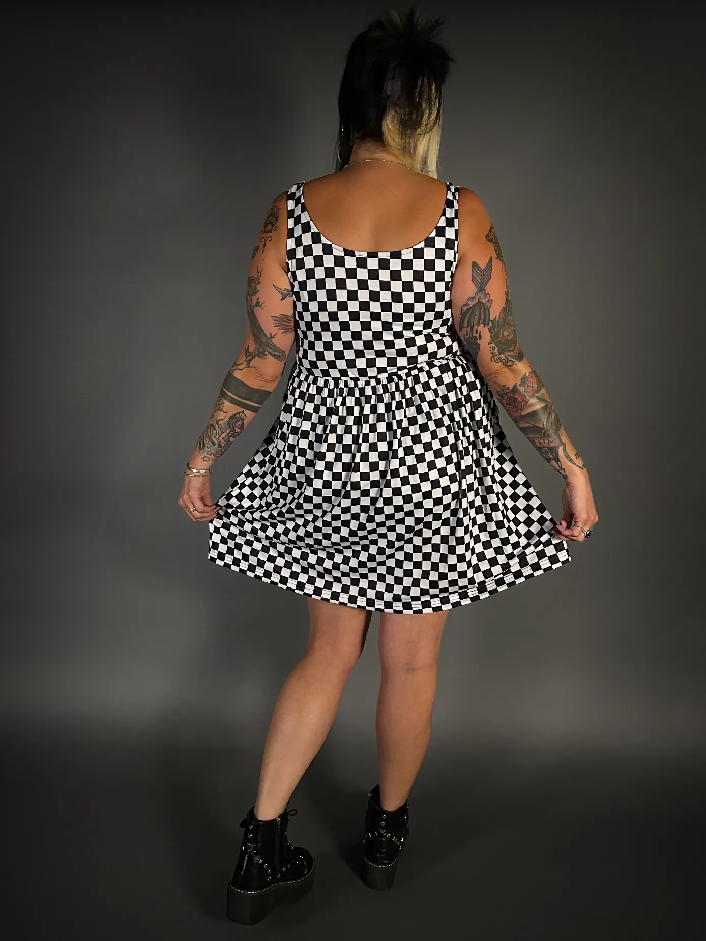 Tommyrot Checkered Sleeveless Stretch Skater Dress with Pockets