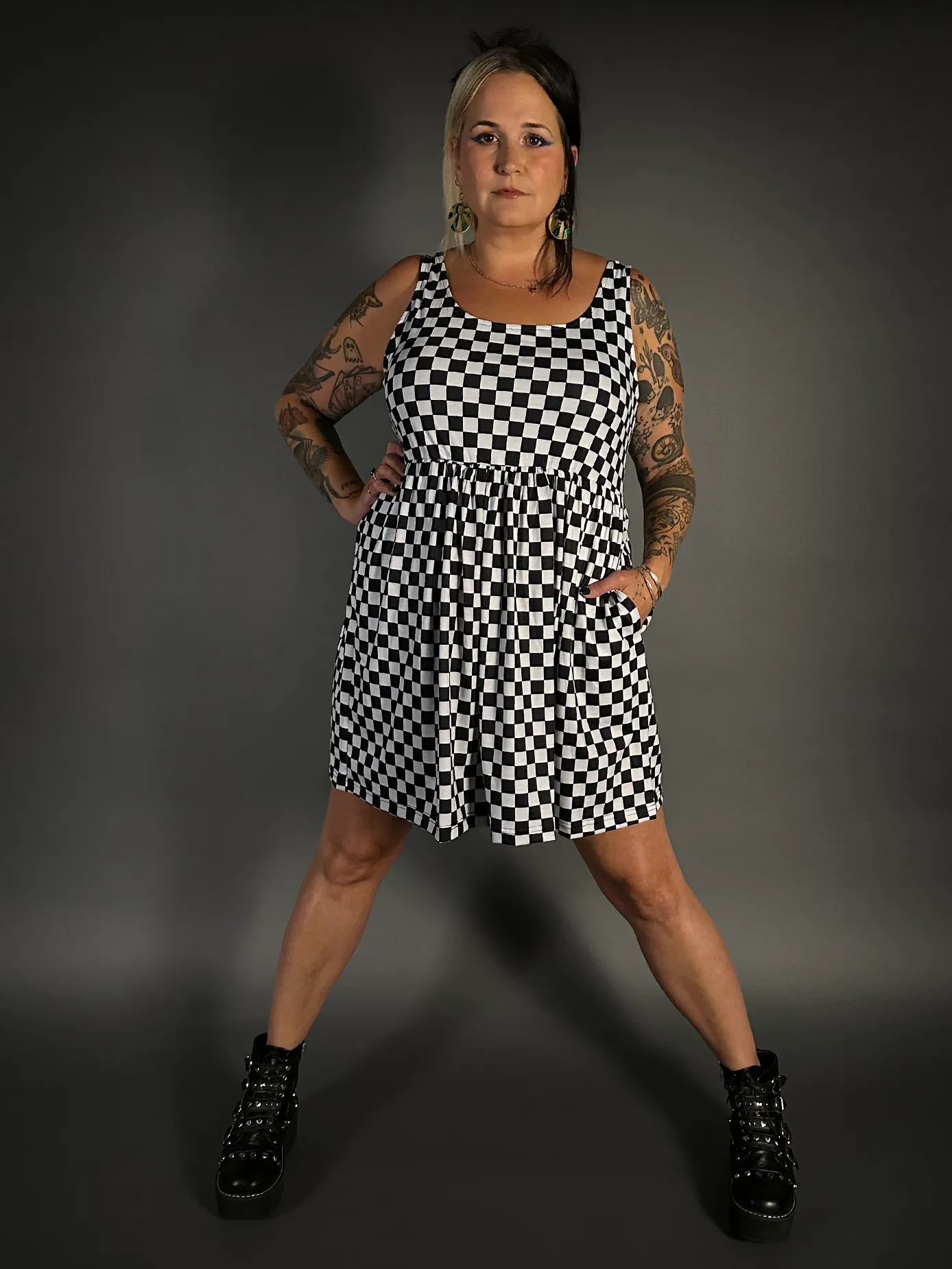 Tommyrot Checkered Sleeveless Stretch Skater Dress with Pockets