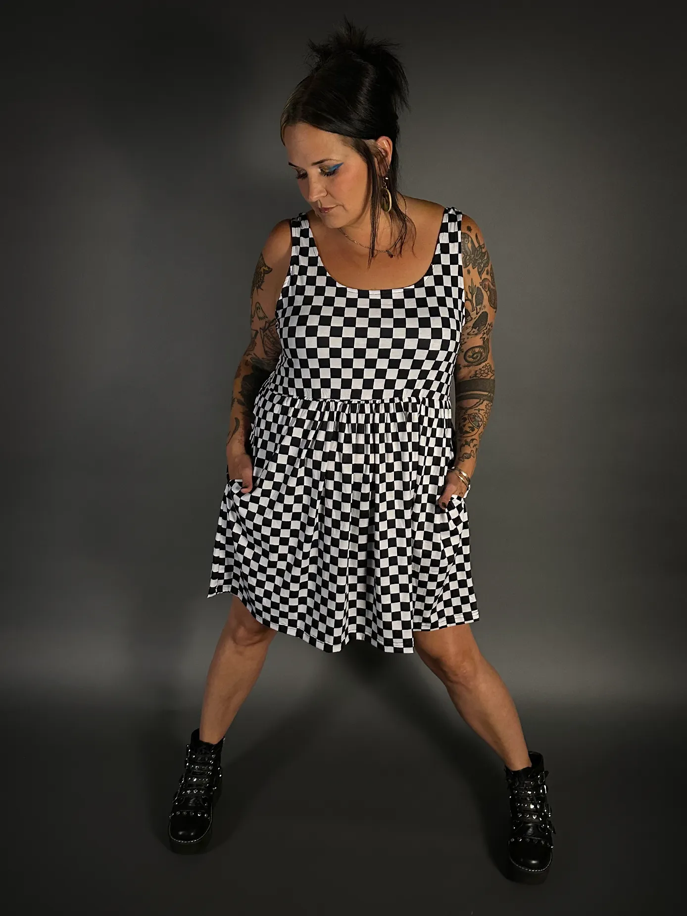 Tommyrot Checkered Sleeveless Stretch Skater Dress with Pockets