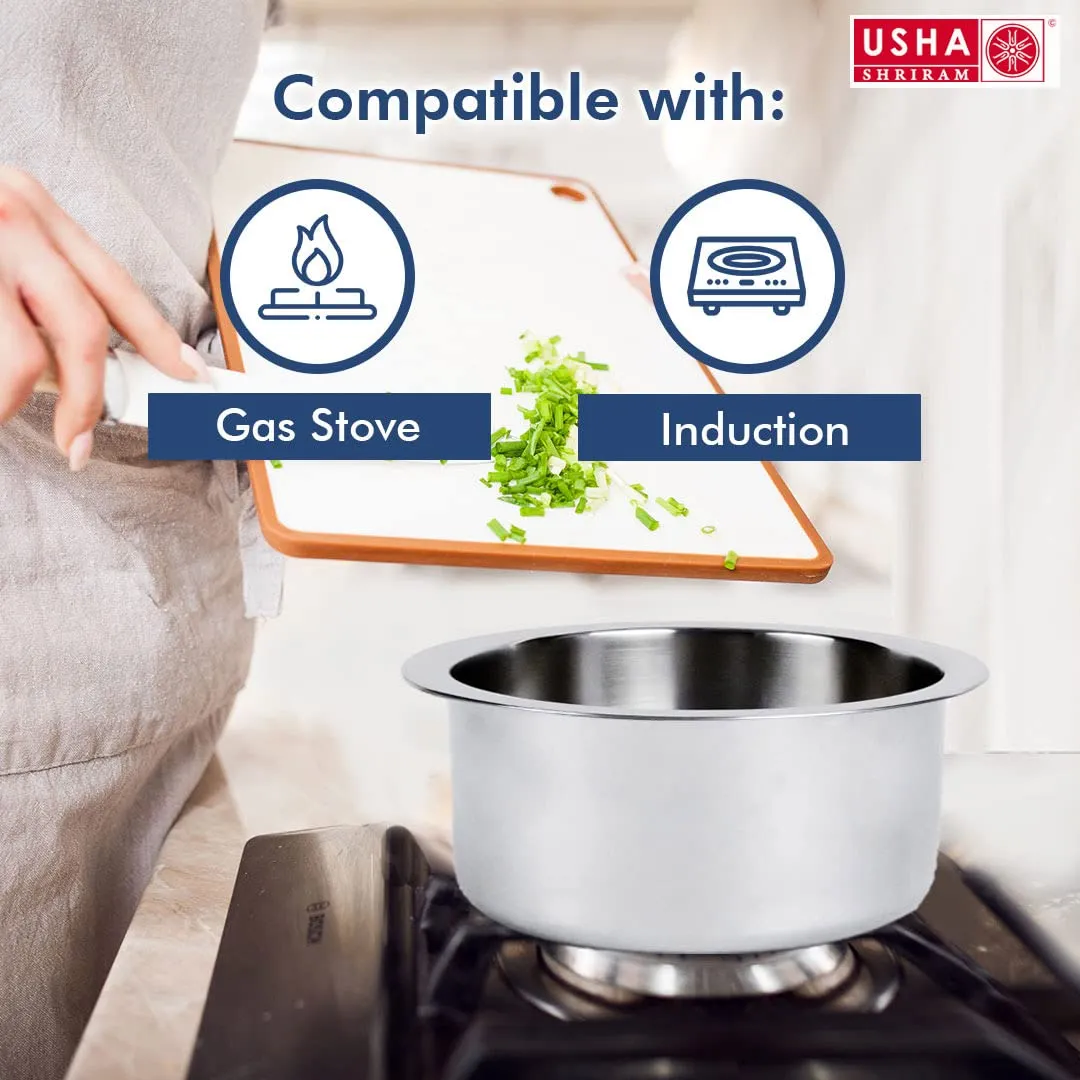 USHA SHRIRAM Triply Stainless Steel Tope (20cm, 3L) with Lid |Steel Patila Gas Induction Base Cookware | Tea Milk Boiling Vessel Pot Pan Steel Heavy Bottom | Cooking Pot | Stainless Steel Cookware