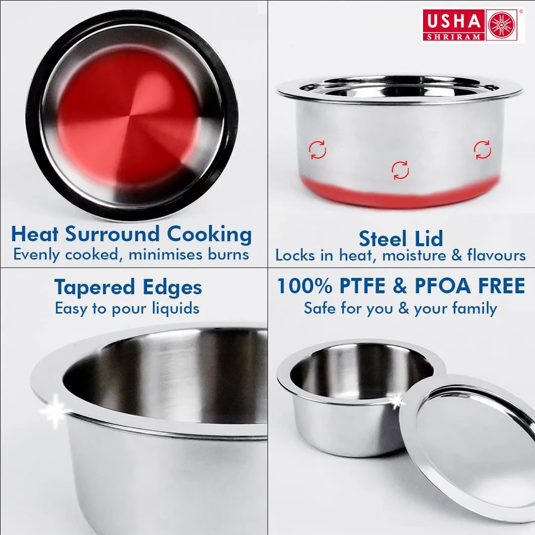 USHA SHRIRAM Triply Stainless Steel Tope (20cm, 3L) with Lid |Steel Patila Gas Induction Base Cookware | Tea Milk Boiling Vessel Pot Pan Steel Heavy Bottom | Cooking Pot | Stainless Steel Cookware