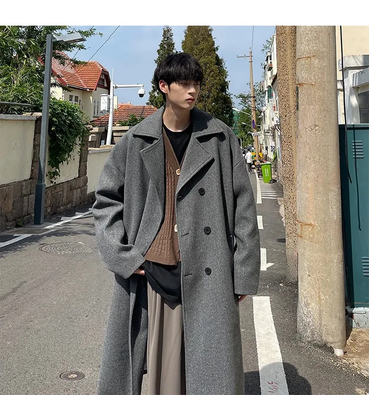 Wiaofellas  -  men coat luxury Winter Korean Trench Mens Solid Double Breasted Woolen Cloth Coat Loose Casual Trenchcoat  long coat men