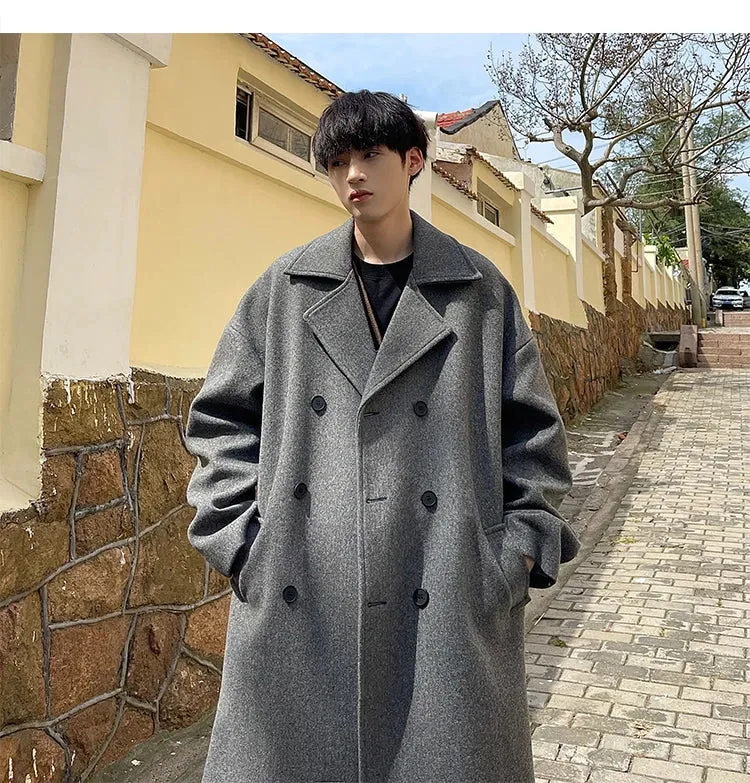 Wiaofellas  -  men coat luxury Winter Korean Trench Mens Solid Double Breasted Woolen Cloth Coat Loose Casual Trenchcoat  long coat men