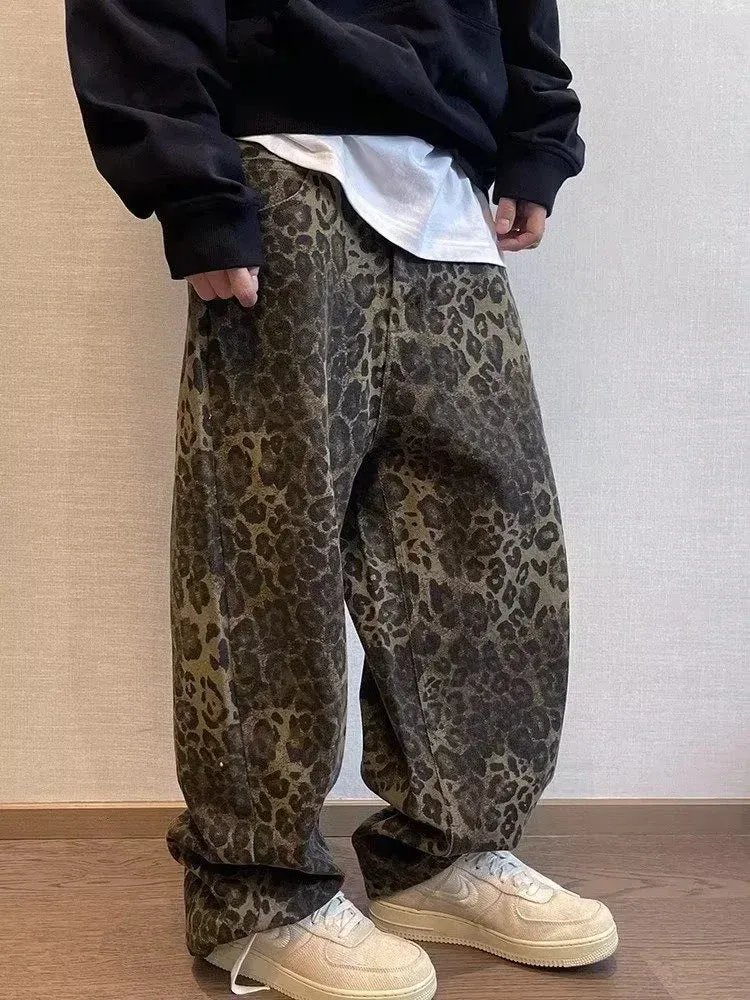 Wiaofellas  -  Tan Leopard Jeans Men Denim Pants Male Oversize Wide Leg Trousers Streetwear Hip Hop Vintage Loose Casual Animal Print