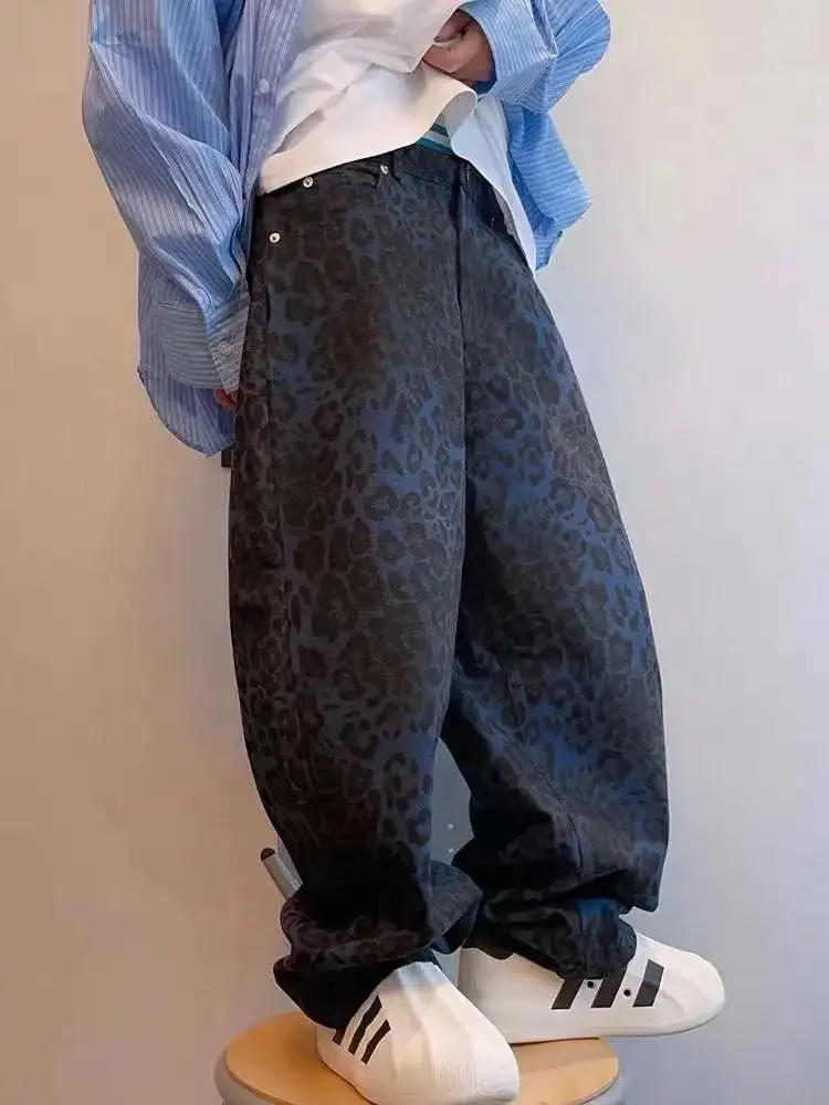 Wiaofellas  -  Tan Leopard Jeans Men Denim Pants Male Oversize Wide Leg Trousers Streetwear Hip Hop Vintage Loose Casual Animal Print