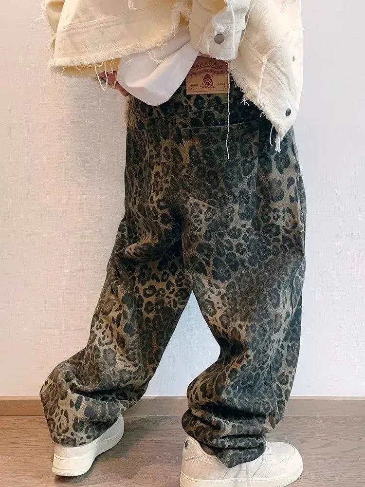 Wiaofellas  -  Tan Leopard Jeans Men Denim Pants Male Oversize Wide Leg Trousers Streetwear Hip Hop Vintage Loose Casual Animal Print