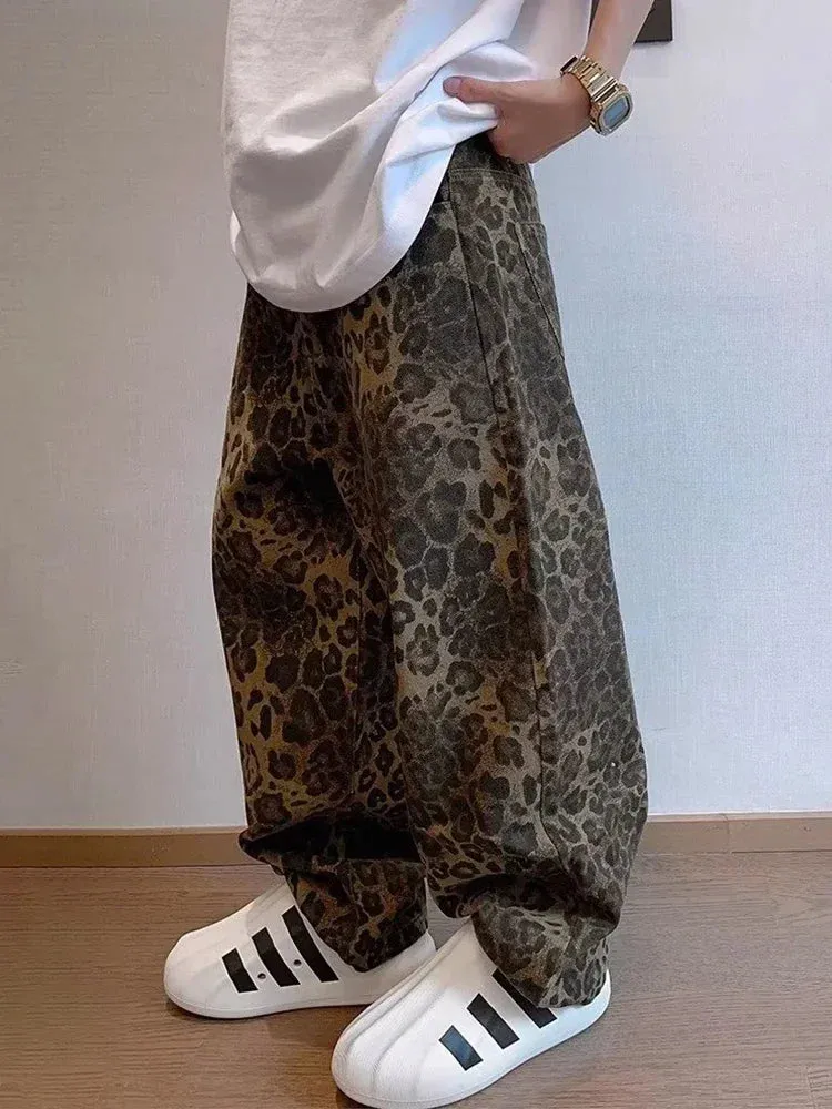 Wiaofellas  -  Tan Leopard Jeans Men Denim Pants Male Oversize Wide Leg Trousers Streetwear Hip Hop Vintage Loose Casual Animal Print