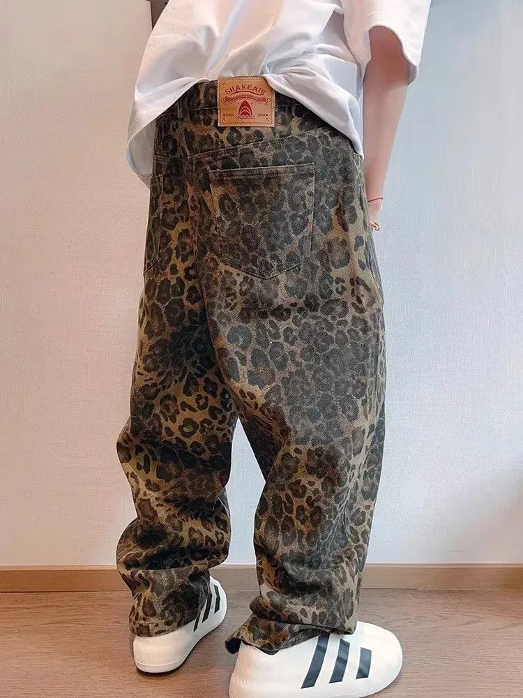 Wiaofellas  -  Tan Leopard Jeans Men Denim Pants Male Oversize Wide Leg Trousers Streetwear Hip Hop Vintage Loose Casual Animal Print