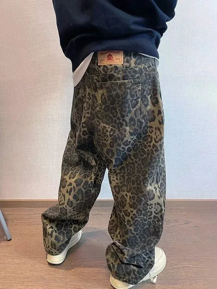 Wiaofellas  -  Tan Leopard Jeans Men Denim Pants Male Oversize Wide Leg Trousers Streetwear Hip Hop Vintage Loose Casual Animal Print