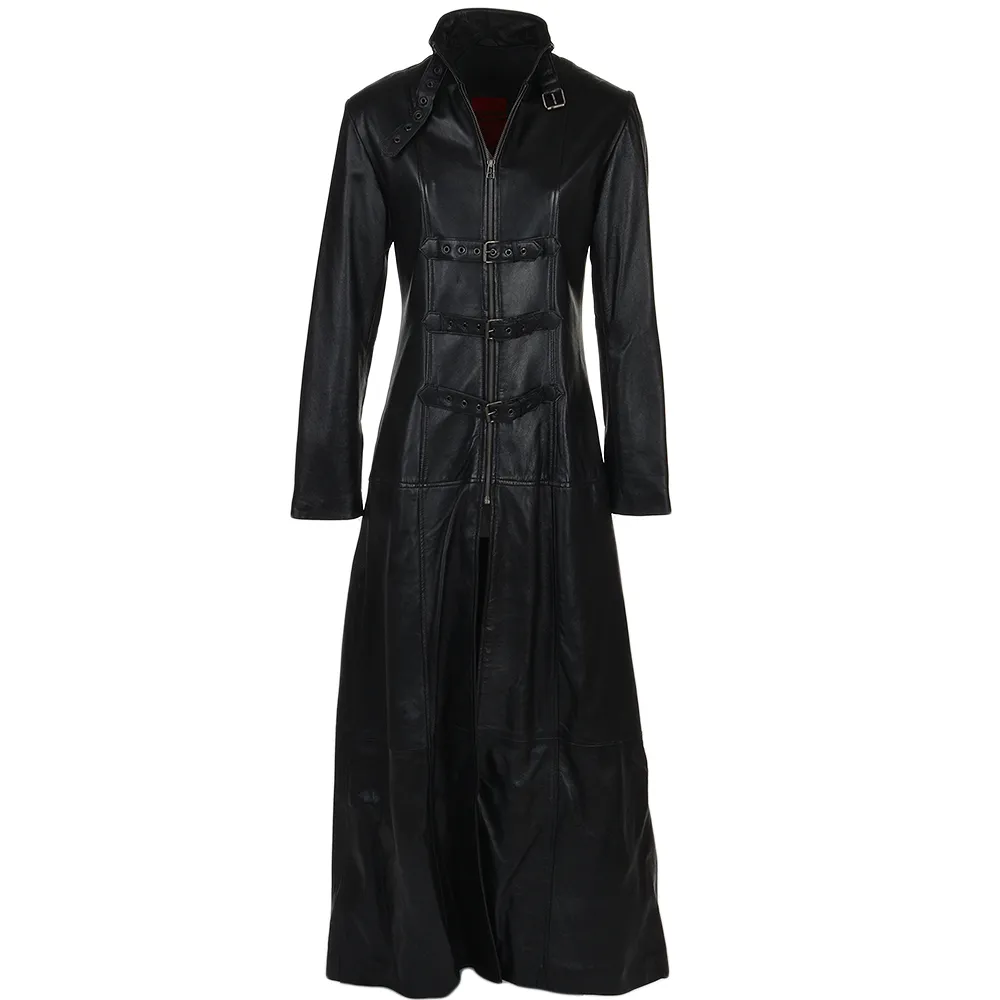 Women's Belted Black Long Length Gothic Leather Trench Long Overcoat