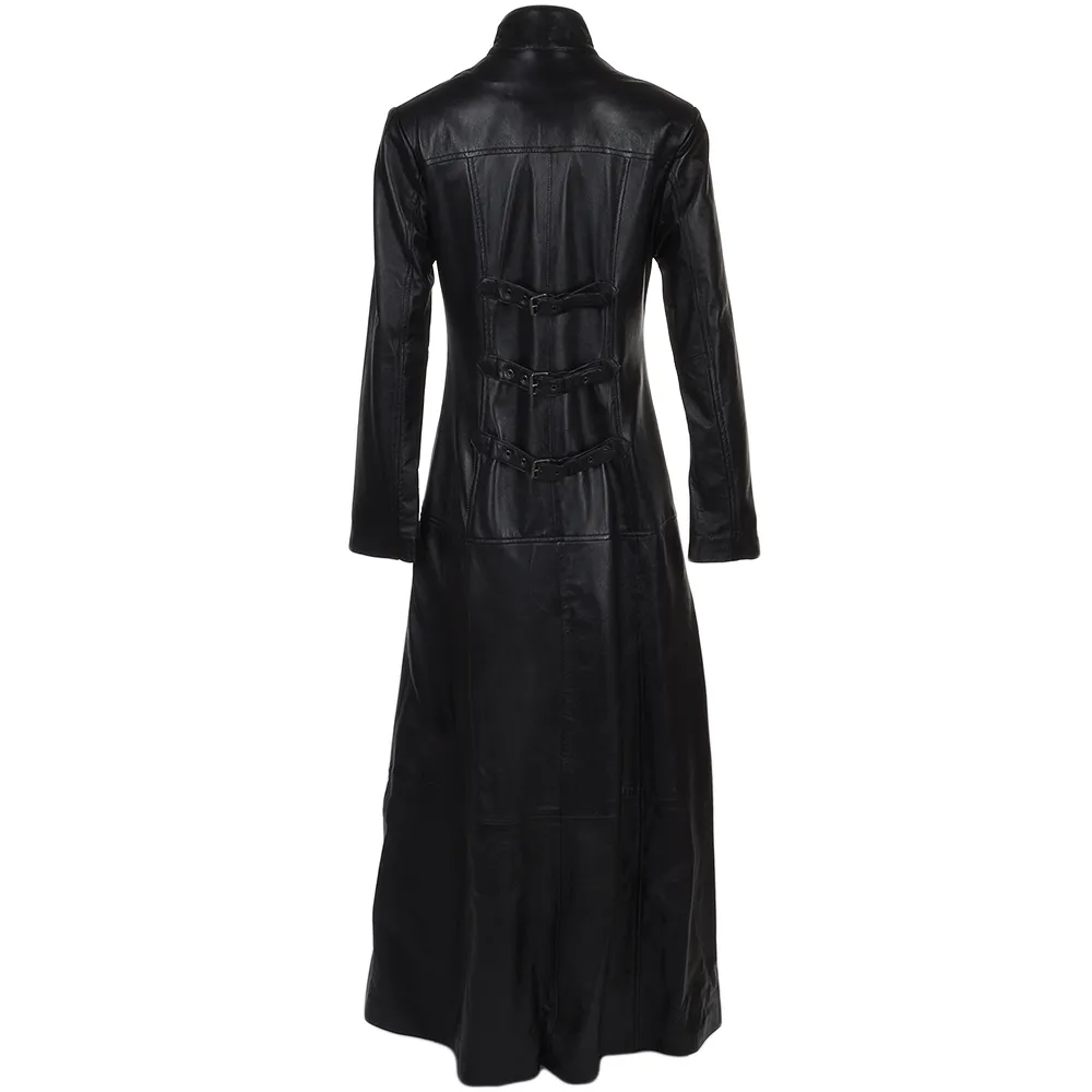 Women's Belted Black Long Length Gothic Leather Trench Long Overcoat