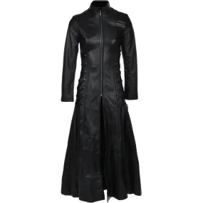 Women's Black Full Length Gothic Real Leather Trench Long Overcoat