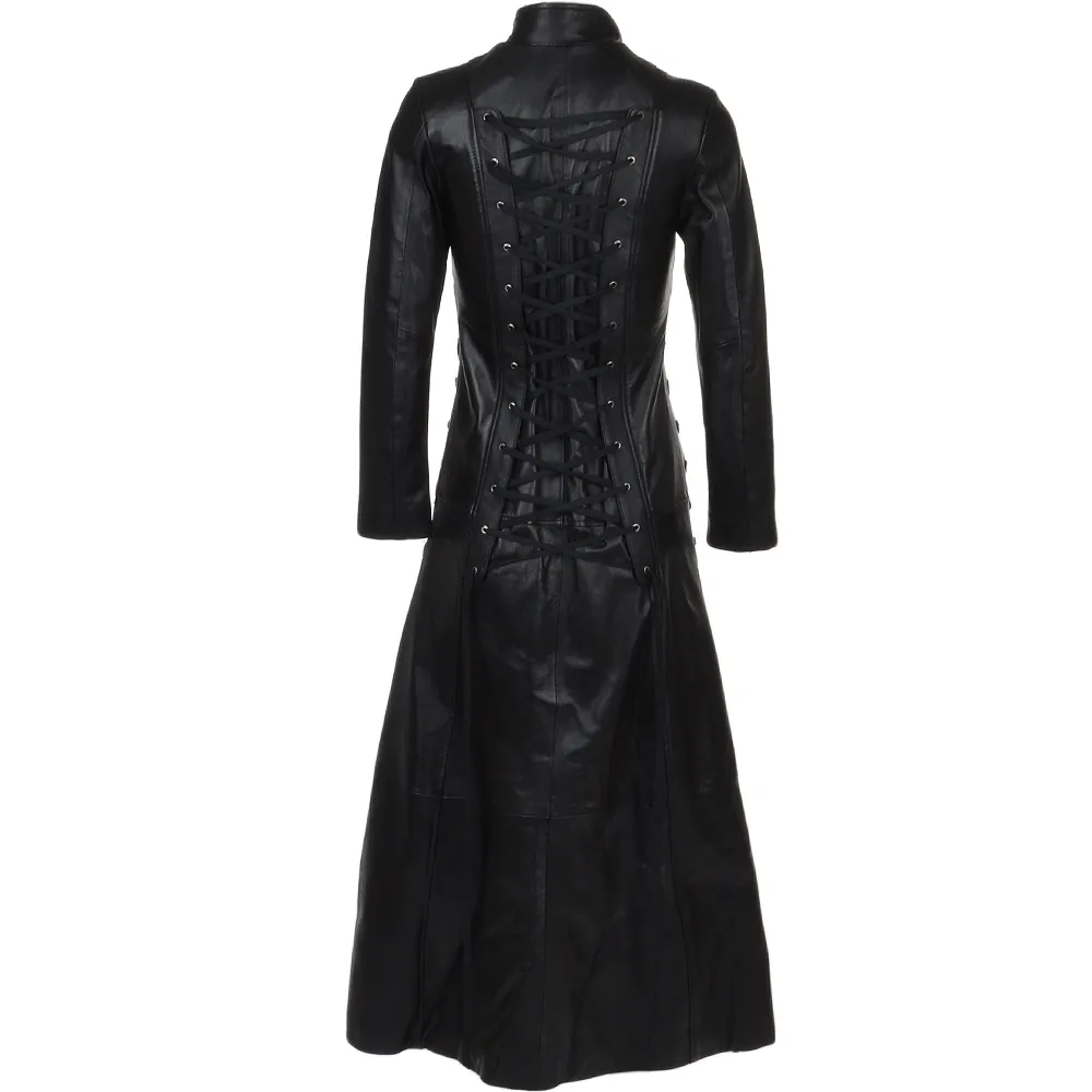 Women's Black Full Length Gothic Real Leather Trench Long Overcoat