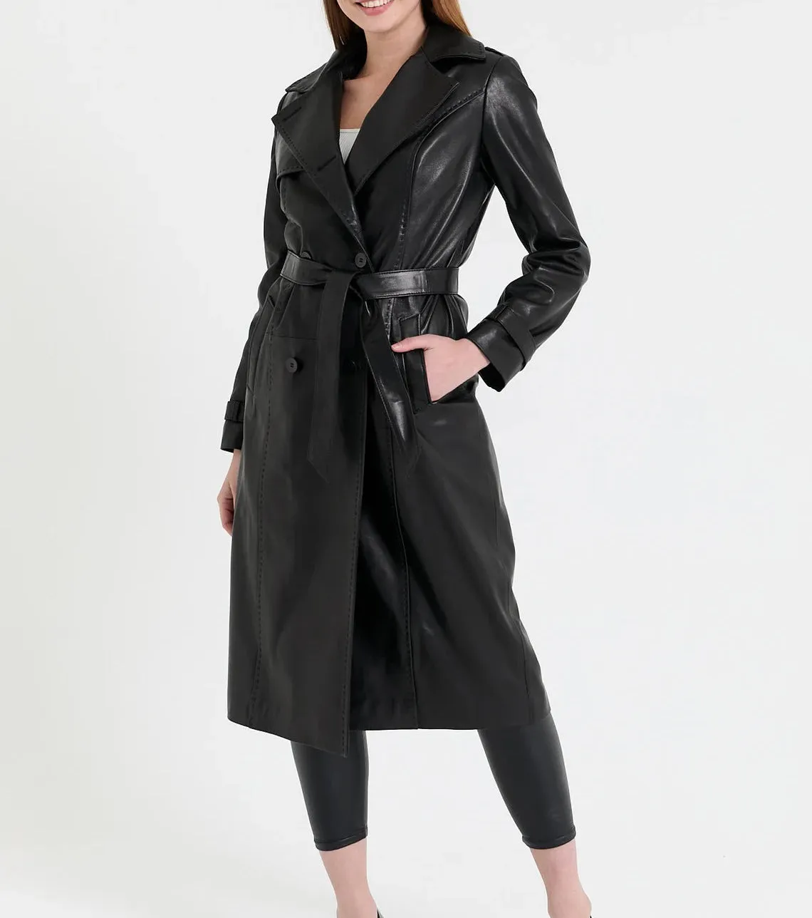 Women's Black Real Leather Trench Long Overcoat