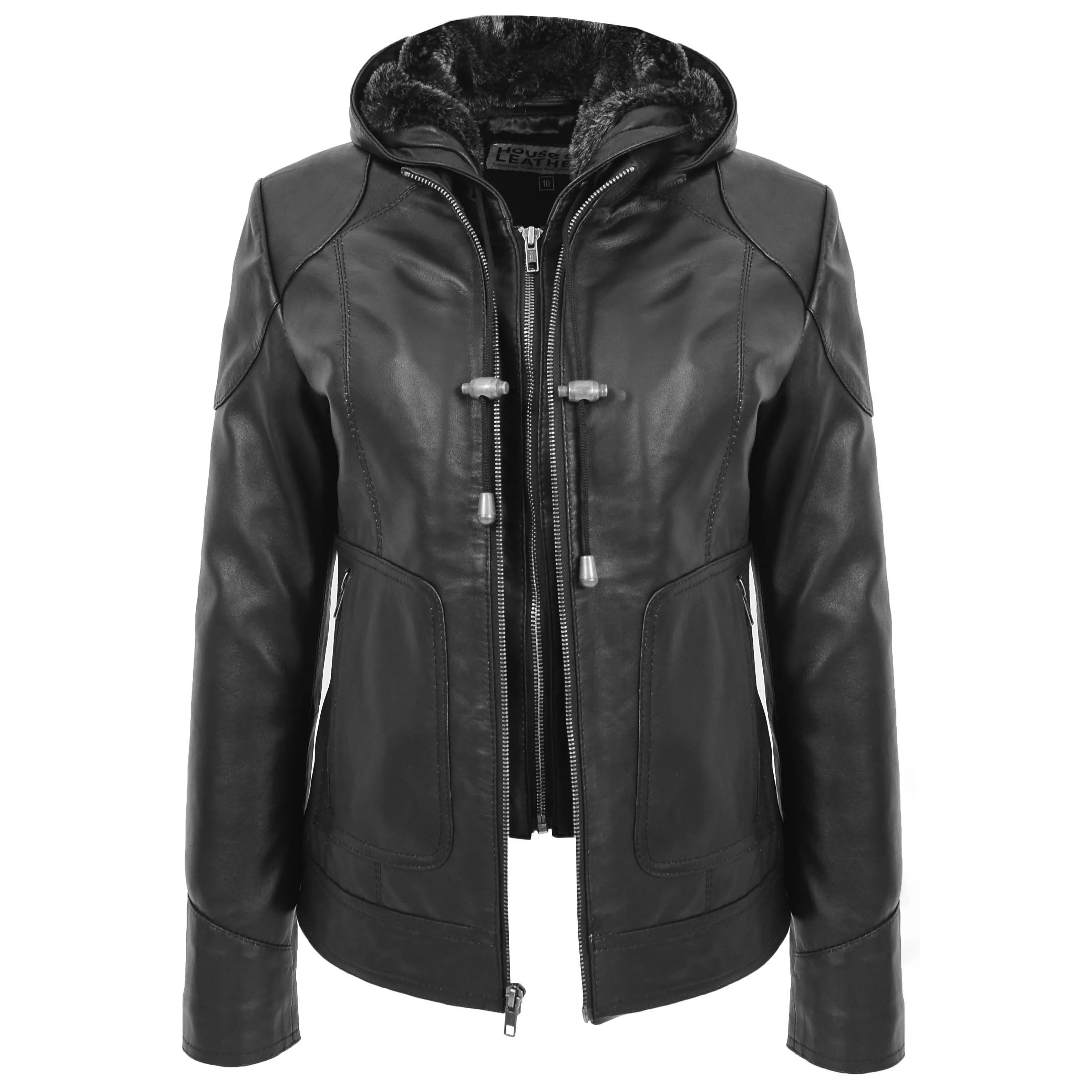 Womens Leather Detachable Hooded Coat Brooke Black