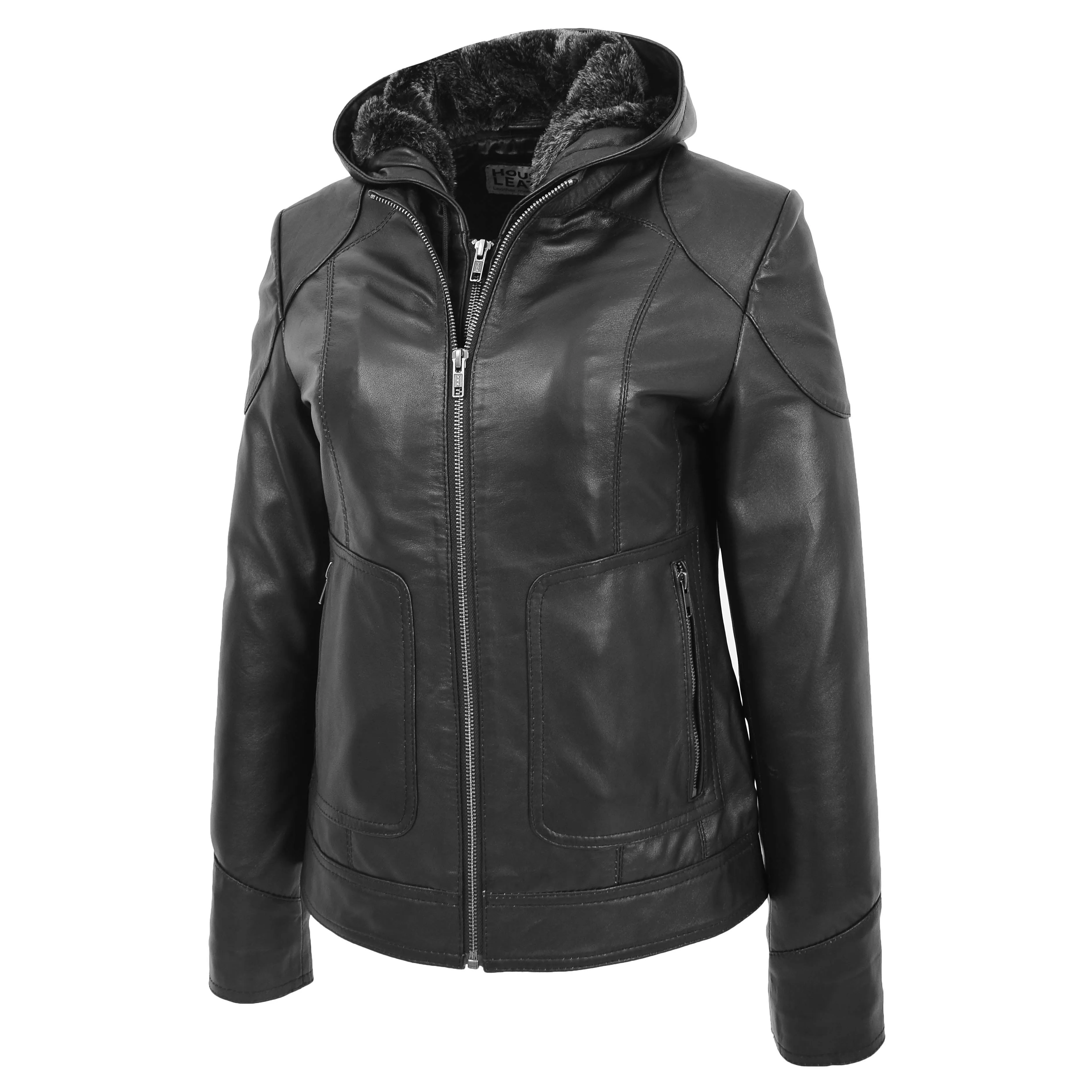 Womens Leather Detachable Hooded Coat Brooke Black