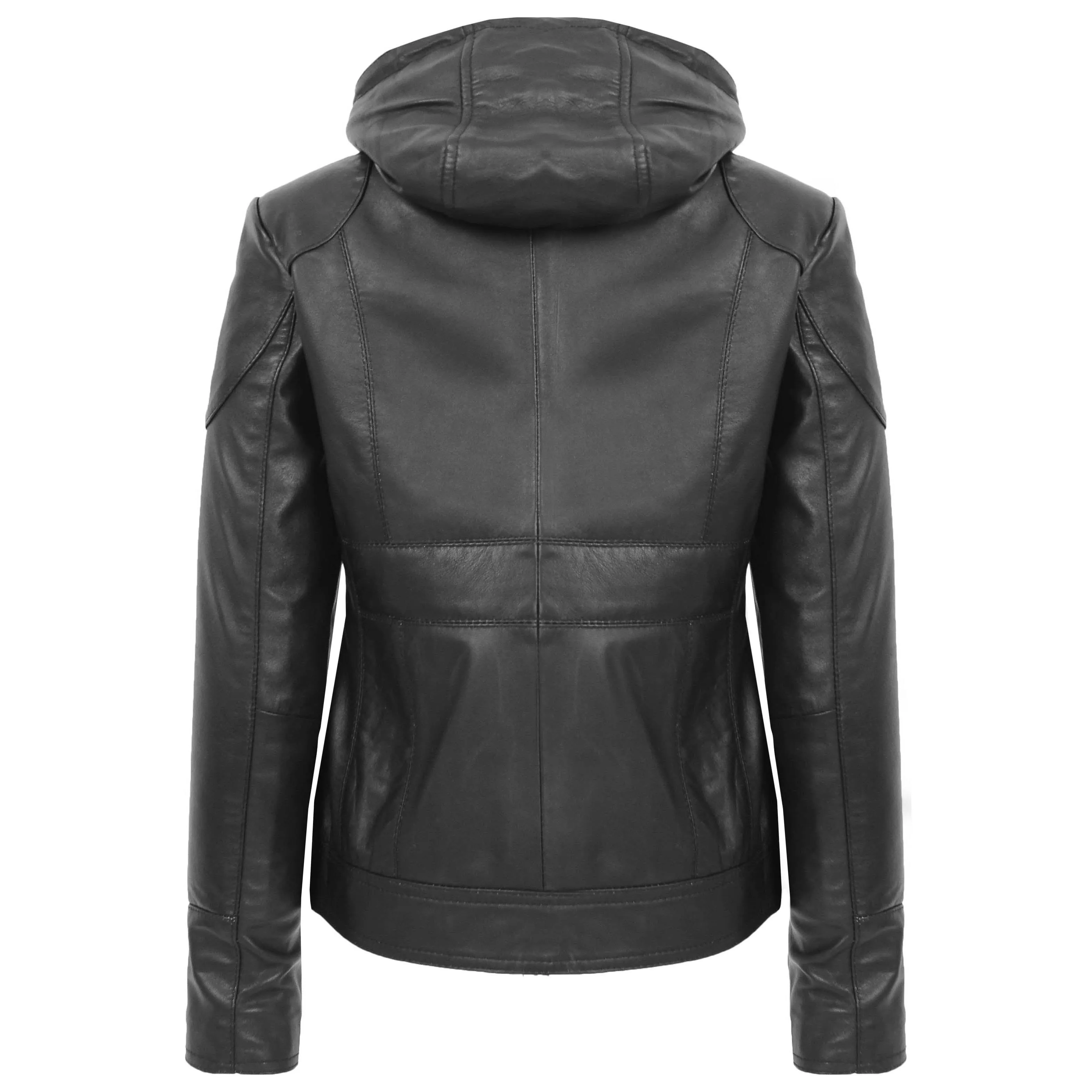 Womens Leather Detachable Hooded Coat Brooke Black