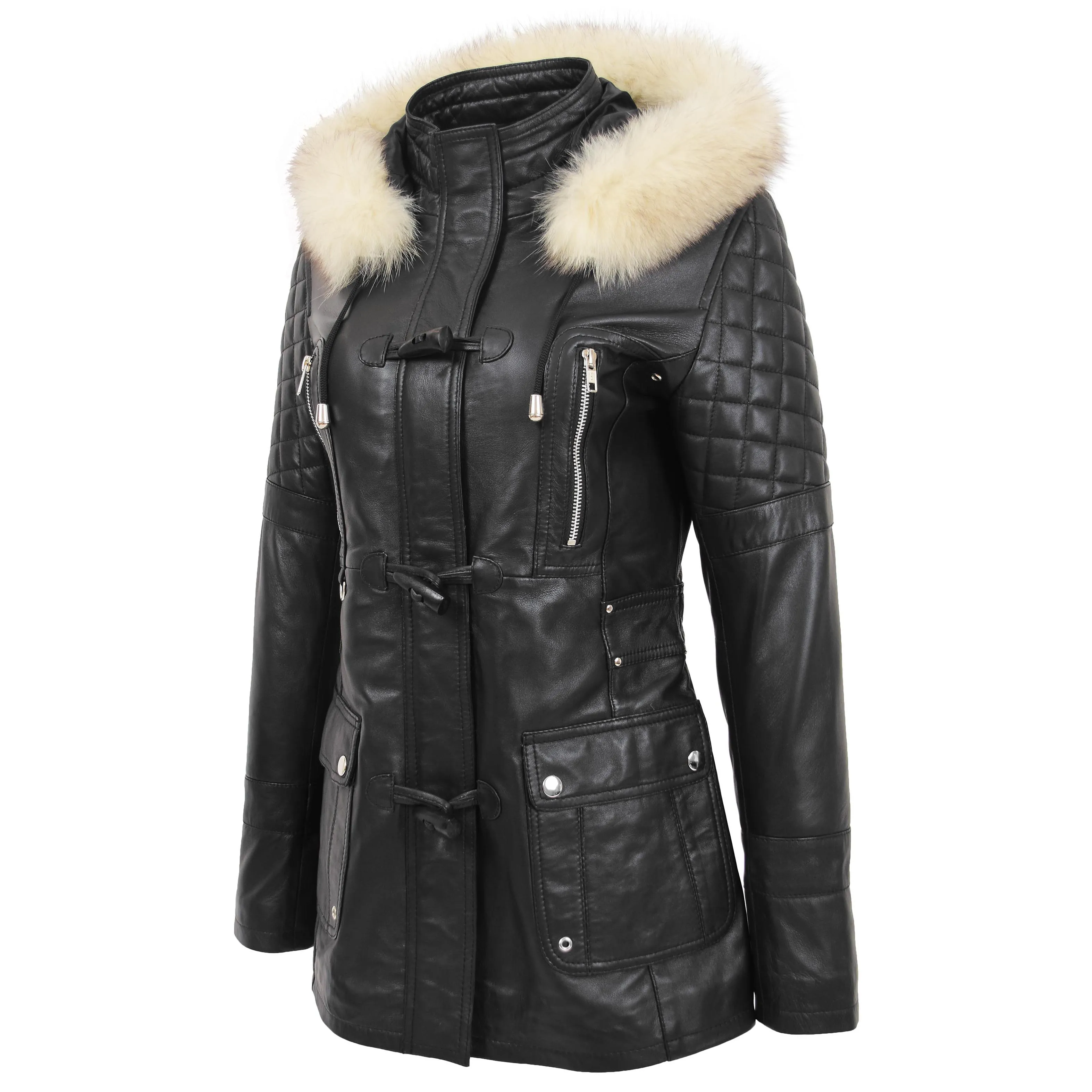 Womens Original Duffle Style Leather Coat Ariel Black