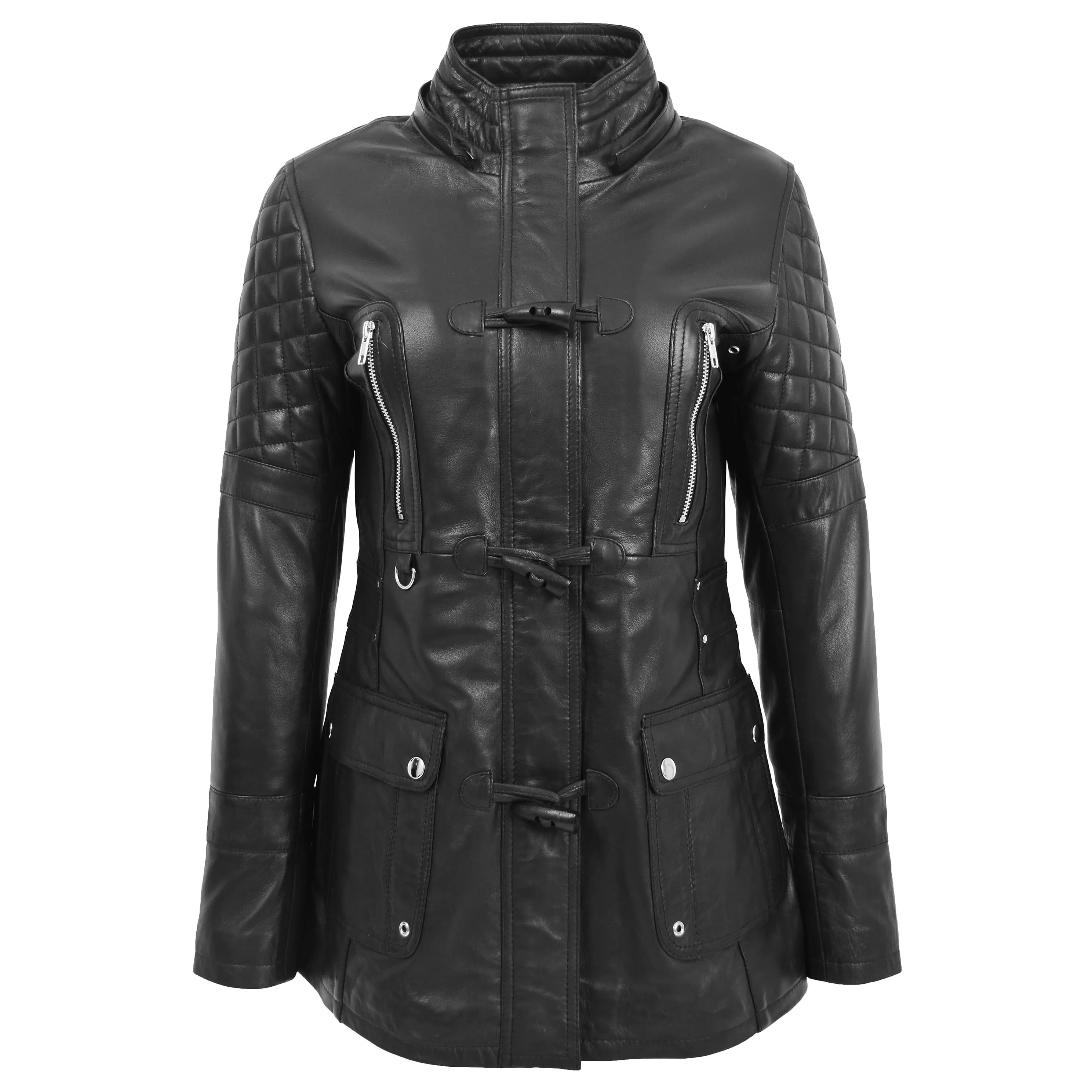 Womens Original Duffle Style Leather Coat Ariel Black