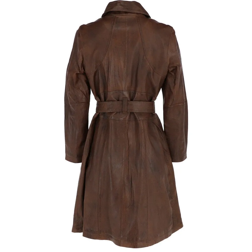 Women's Vintage Brown Single Breasted Leather Trench Long Overcoat