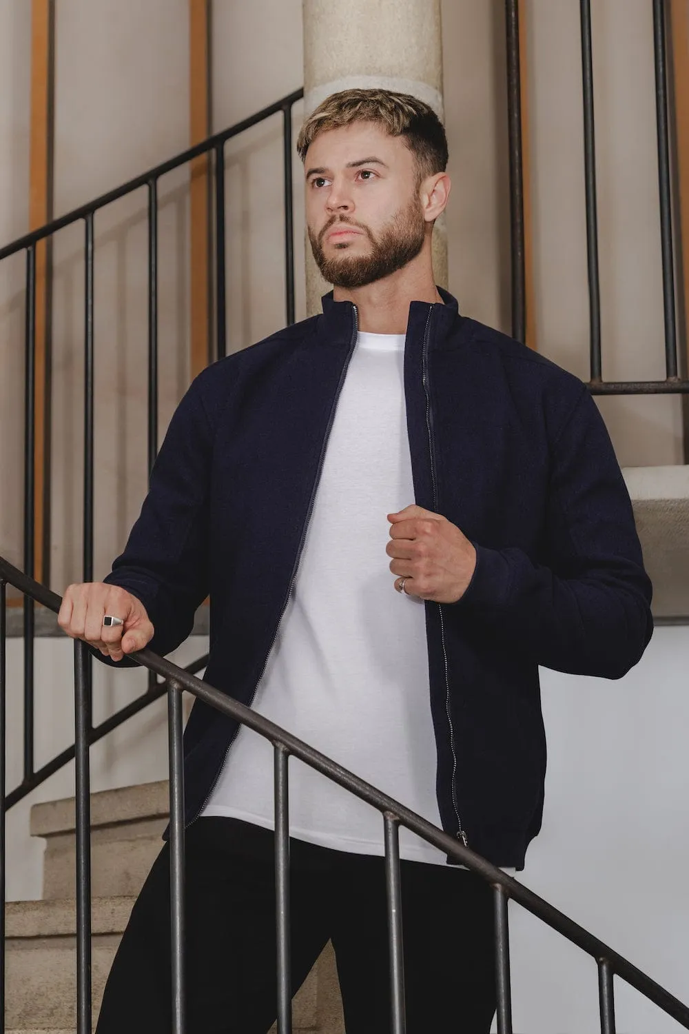 Wool Look Bomber Jacket in Navy