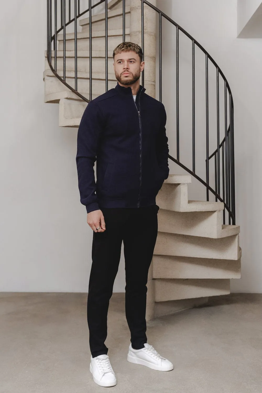 Wool Look Bomber Jacket in Navy