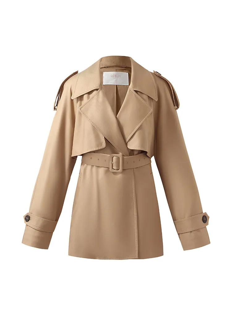 Worsted Wool Women Cropped Trench Coat With Belt