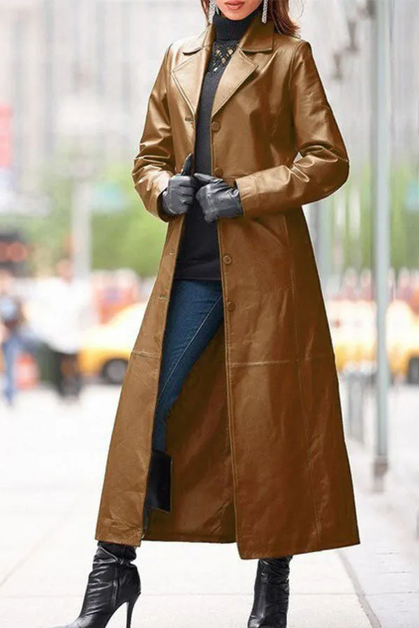 xiangtuibao Solid Color Single Breasted On-trend PU Trench Coat