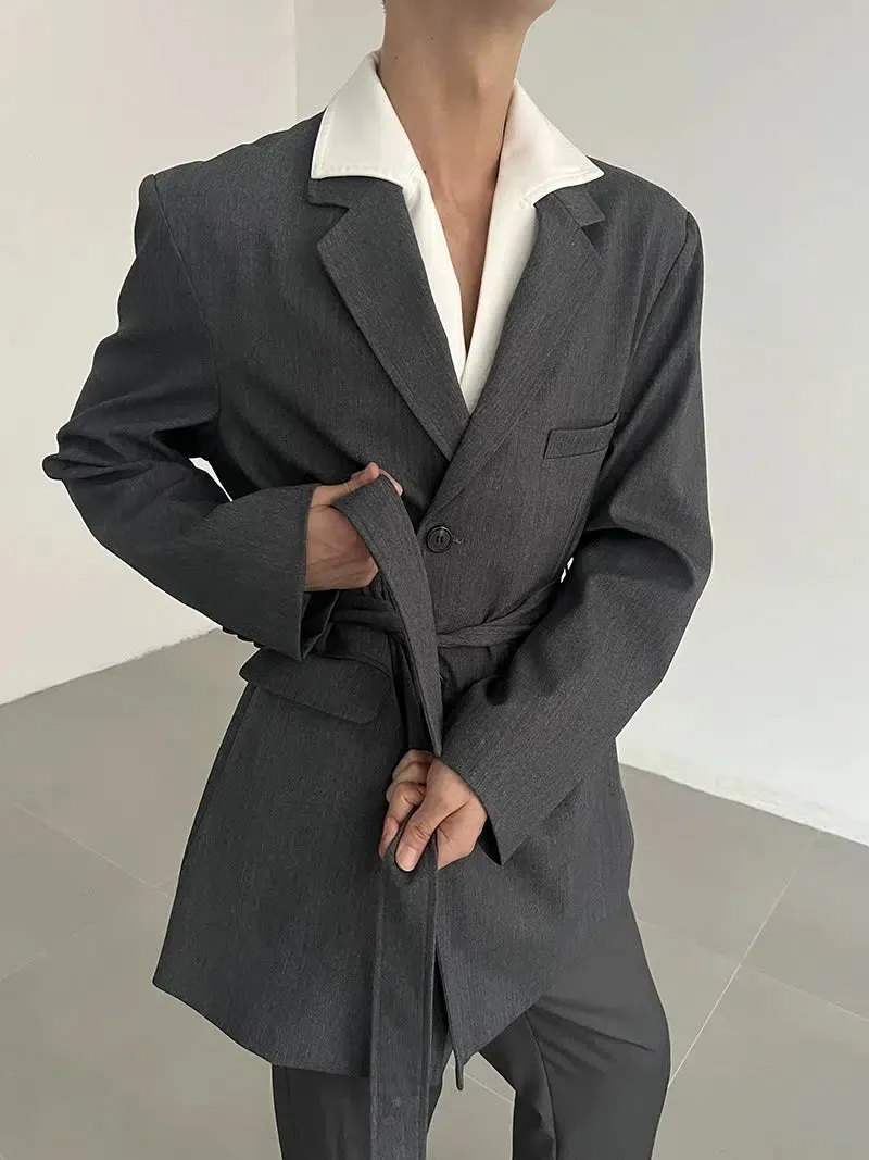 Zhou Waist Belt Lapel Long Blazer