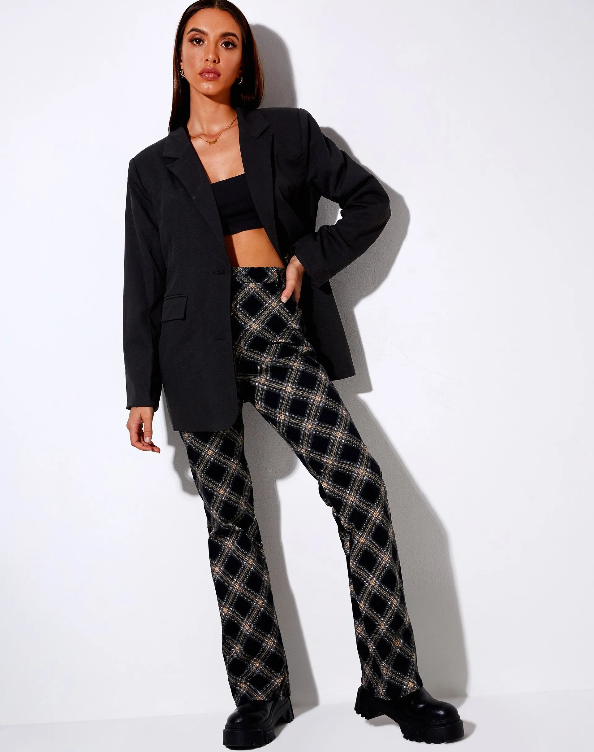 Zoven Flare Trouser in 20's Check Black and Grey