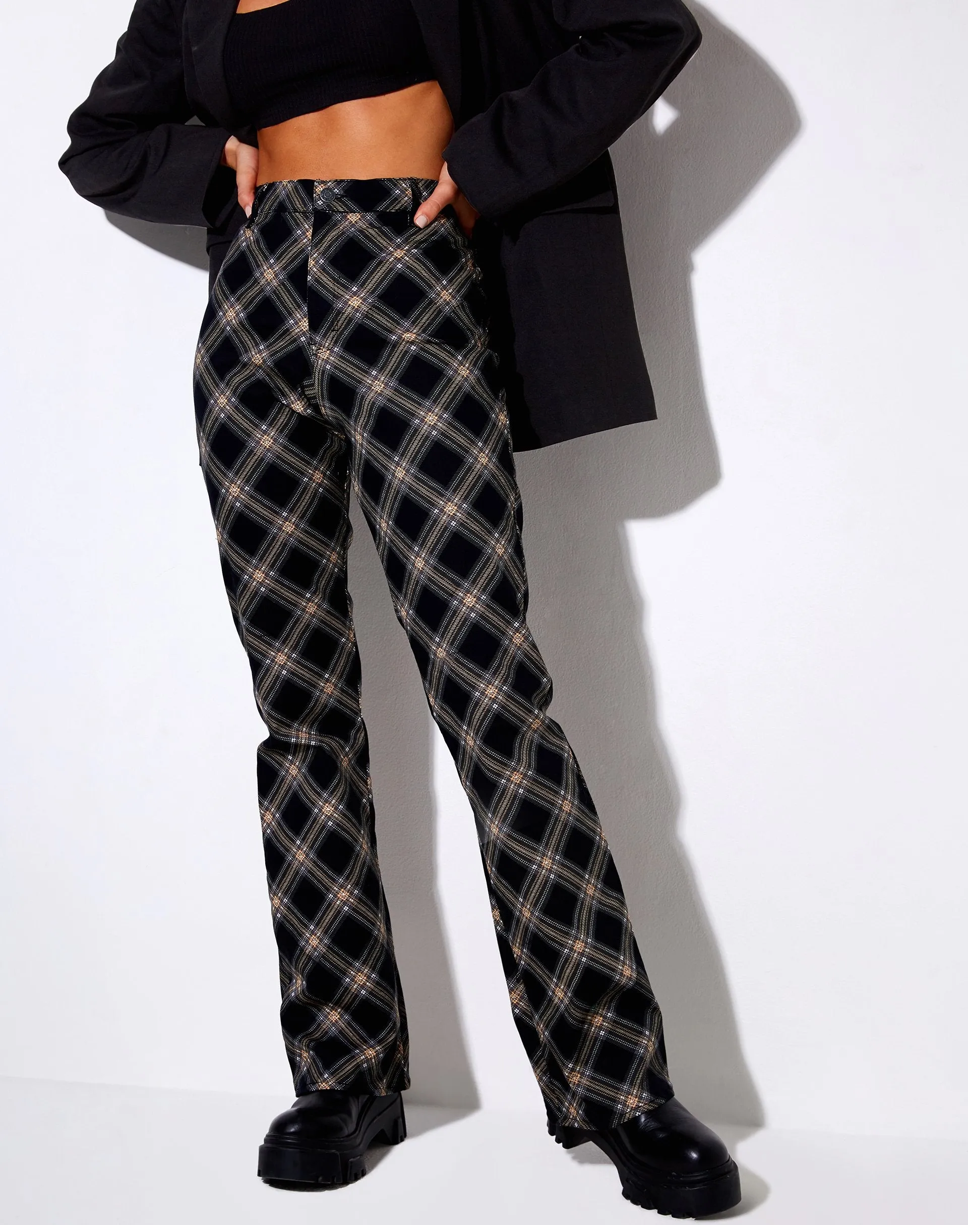 Zoven Flare Trouser in 20's Check Black and Grey