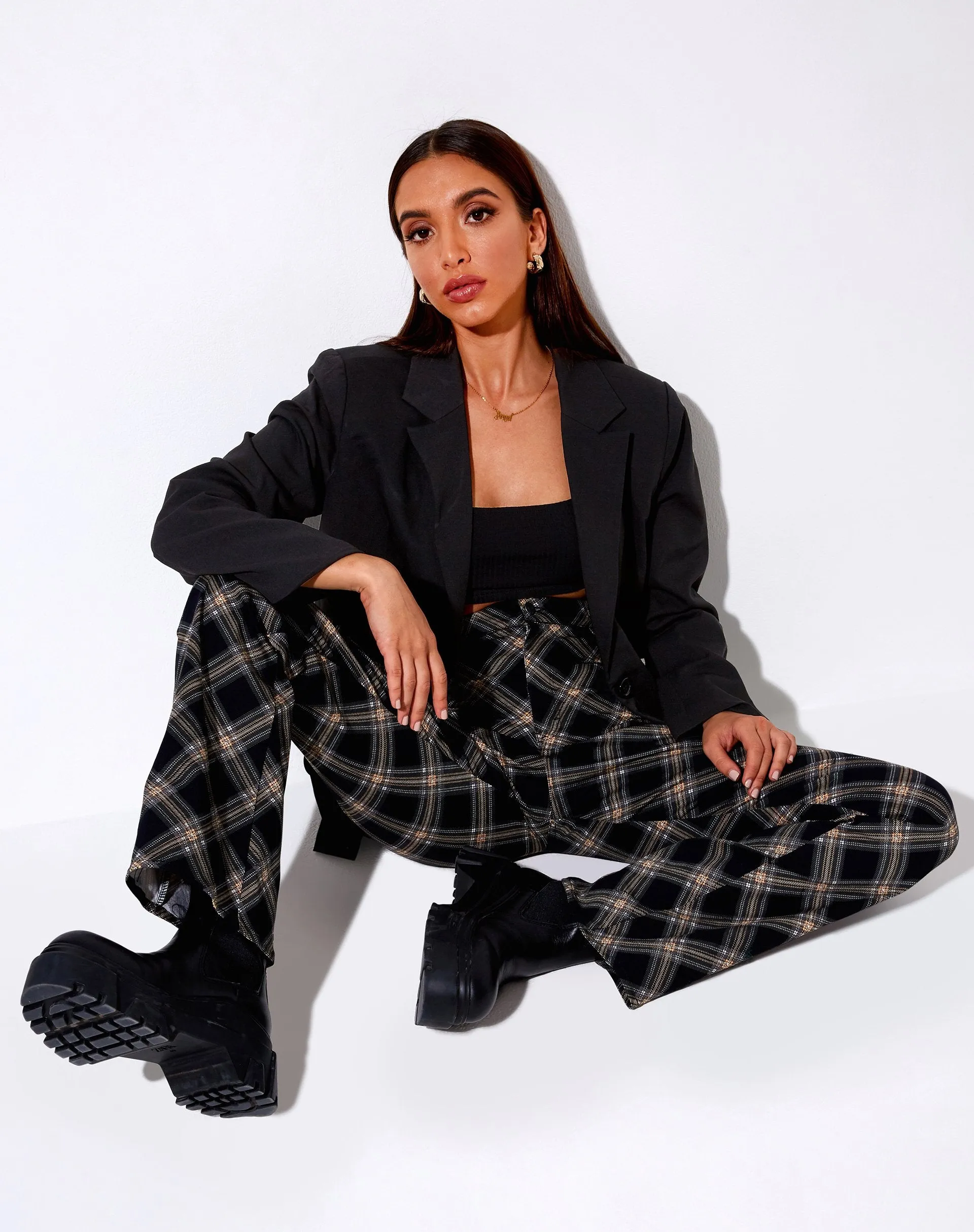 Zoven Flare Trouser in 20's Check Black and Grey